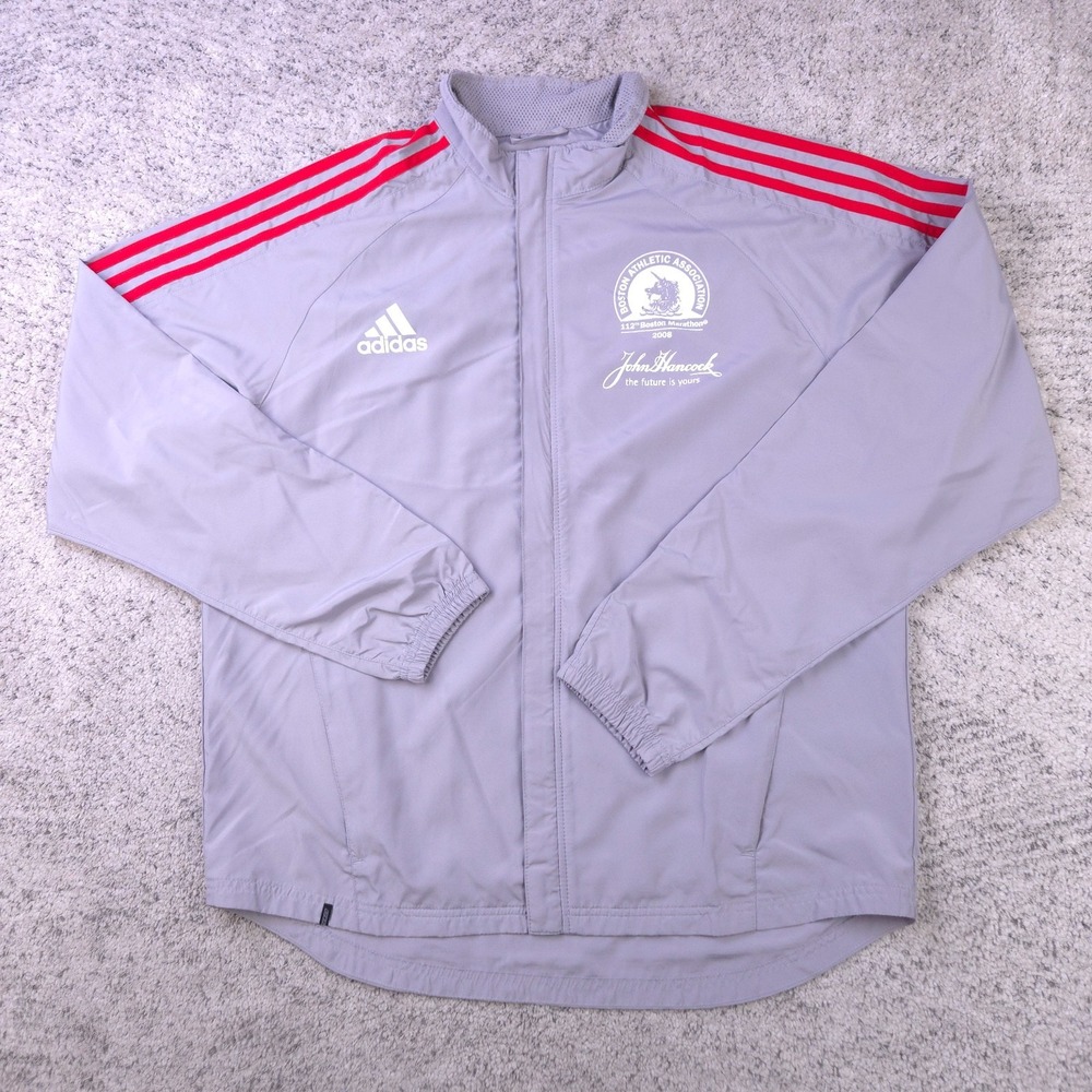 Boston Marathon Running Jacket Mens Large Adidas Full Zip 2008 Three Stripe Gray